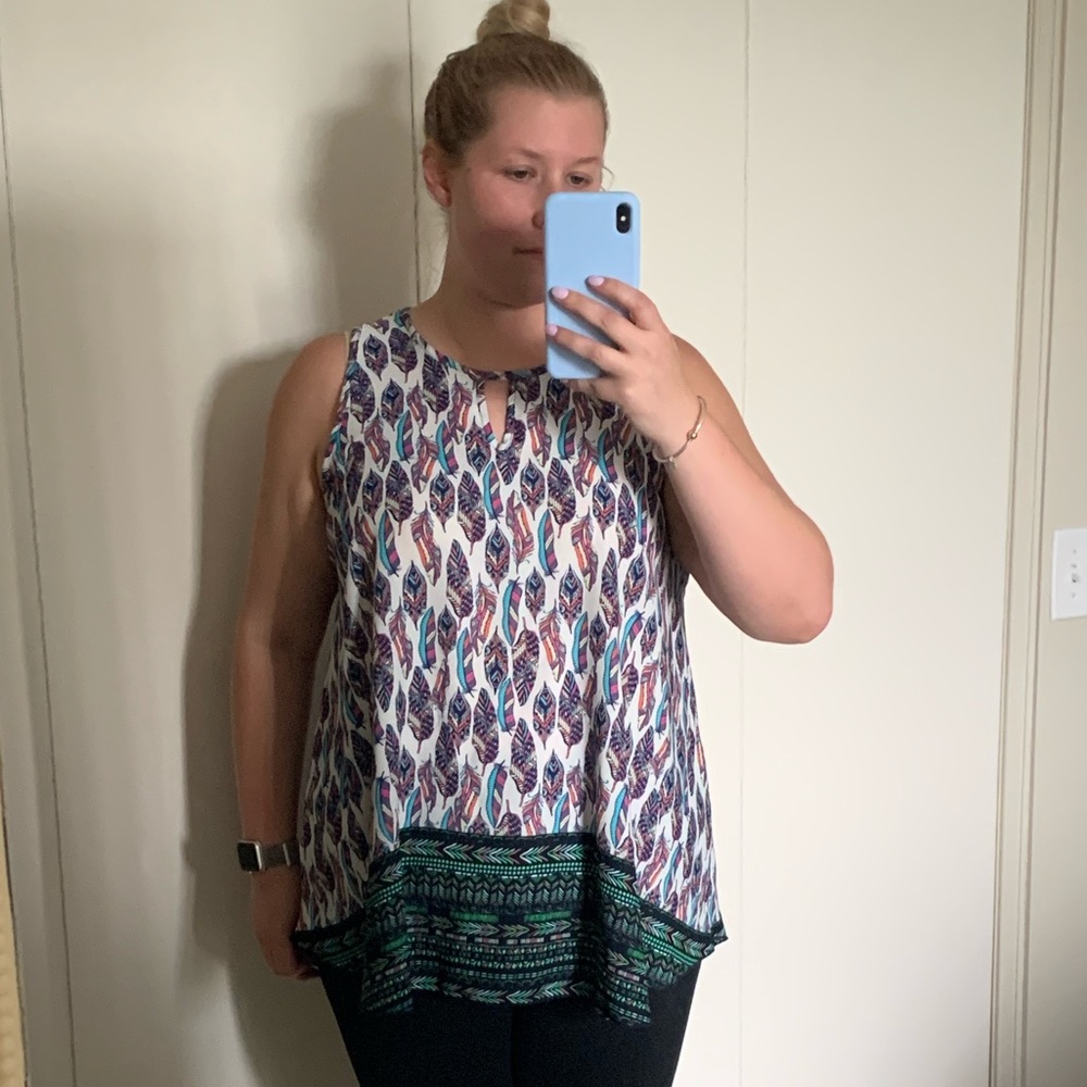 Renee C Flowy feather print blouse blue green pink